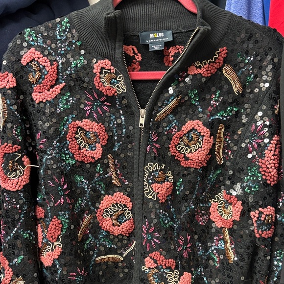 Maje Black Bomber Jacket with Pink Floral Beading - Picture 2 of 6